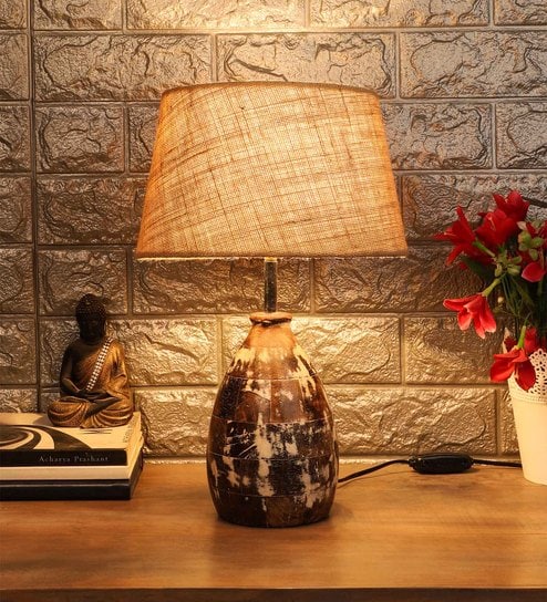 Brown Blended Fabric Shade Table Lamp With White And Brown Base By Foziq