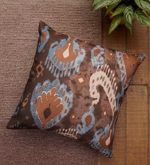 Blue & Brown Traditional Poly Canvas 16 x 16 Inches Cushion Cover by Zeba