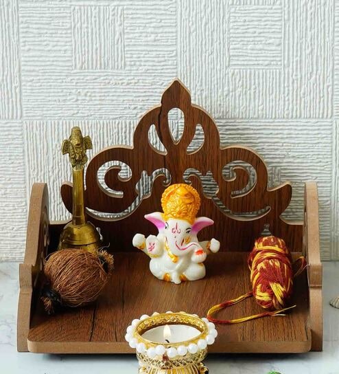 Brown Carved Design Laminated Wood Pooja Shelf By eCraftIndia