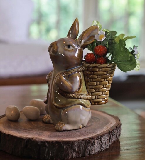 Brown Ceramic Rabbit Holding Basket Garden Figurine