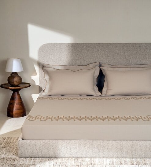 Brown Embroidered 210 TC Cotton King Sized Bedsheet with 2 Pillow Covers