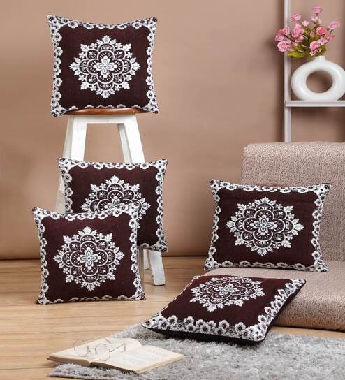 Brown Chenille Floral Cushions & Pillows Cover (Set of 5) By Eric London