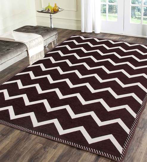 Brown Chenille Geometrical 4 x 6 Feet Machine Made Carpet
