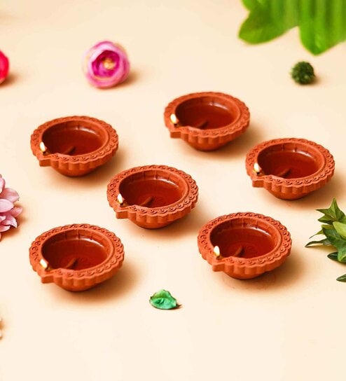 Brown Clay Oil Diyas (Set of 6)