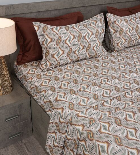 Brown Contemporary Ikat Pattern 210 TC 100% Cotton Superking Bedsheet with 2 Pillow Covers-image-7