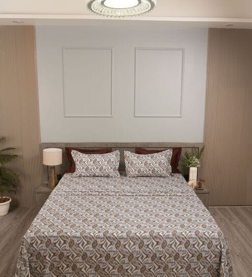 Brown Contemporary Ikat Pattern 210 TC 100% Cotton Superking Bedsheet with 2 Pillow Covers