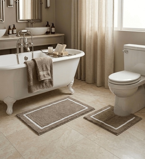 Brown Cotton 20X30 Inches Anti-Skid Bath Mat Set Of 2