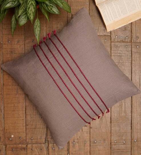 Brown Striped Blended Cotton 16 x 16 Inch Cushion Cover by Zeba
