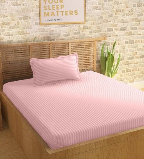 Pink Cotton 210TC Striped Single Bedsheet with 1 Pillow Cover
