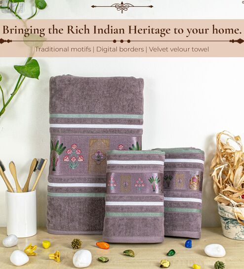 rangoli Brown Cotton Printed 460 GSM Bath & Hand Towels 3Pcs Bath And Hand Towels-picture-27