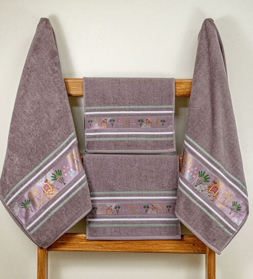 Brown Cotton Printed  460 GSM Bath & Hand Towels 4Pcs Bath And Hand Towels