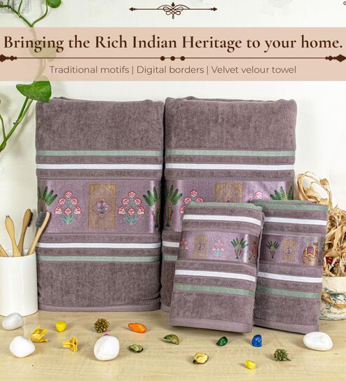 Brown Cotton Printed 460 GSM Bath & Hand Towels 4Pcs Bath And Hand Towels-image-43