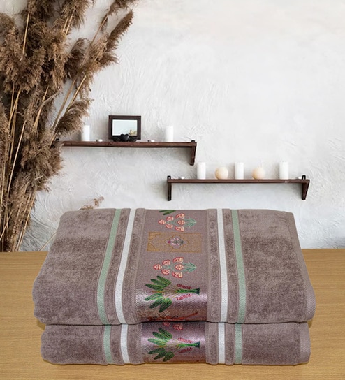 Brown Cotton Printed  460 GSM Bath Towels Pack of 2