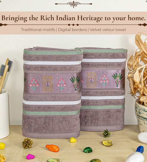 Brown Cotton Printed 460 GSM Hand Towels Pack of 2-image-39