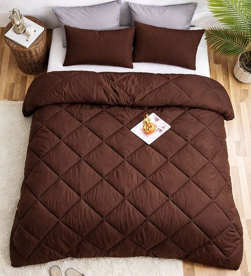 Brown Cotton 210TC Solid Plain All Weather Double 150GSM Bedding Set 1 Comforter 1 Bedsheet 2 Pillow Covers