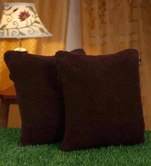 Brown Cotton Solid 16X16 Inches Cushion Covers (Pack of 2)