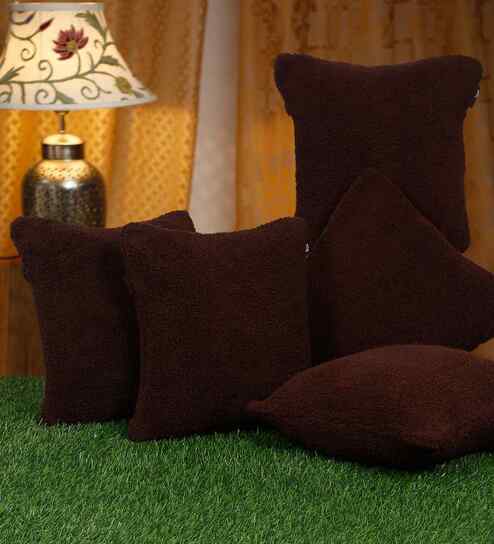 Brown Cotton Solid 16X16 Inches Cushion Covers (Pack of 5)