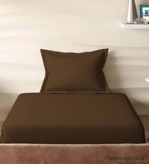 Brown Cotton Solid 210TC Plain Single Bedsheet with 1 Pillow Cover