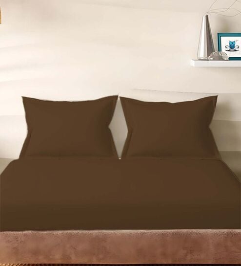 Brown Cotton Solid 210TC Plain Super King Bedsheet with 2 Pillow Covers