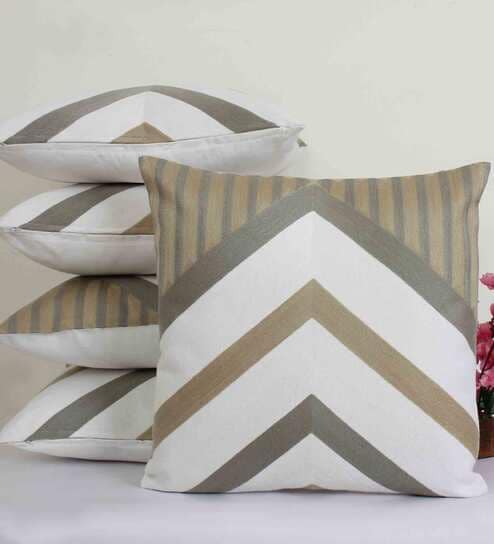 Brown Striped Cotton 20 x 20 Inches Cushion Covers (Set of 5) by Jamio Firati