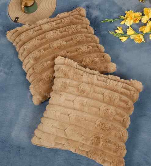 Brown Cotton Textured 16X16 Inches Cushion Covers (Pack of 2)
