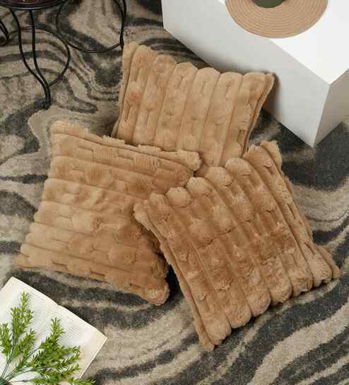 Brown Cotton Textured 16X16 Inches Cushion Covers (3Pcs)