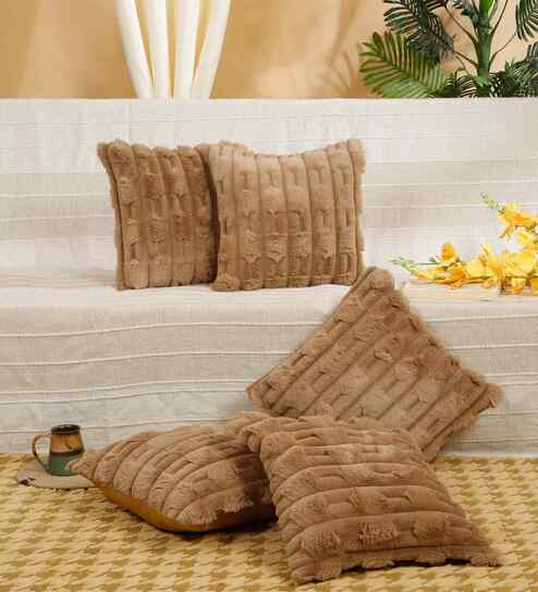 Brown Cotton Textured 16X16 Inches Cushion Covers (5Pcs)