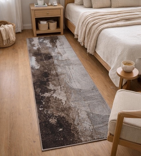 Brown Cream Abstract Polypropylene 5 ft x 2.5 ft Machine Made Runner