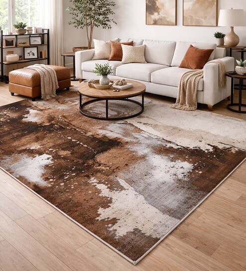 Brown Cream Abstract Polypropylene 9 ft x 6 ft Machine Made Carpet