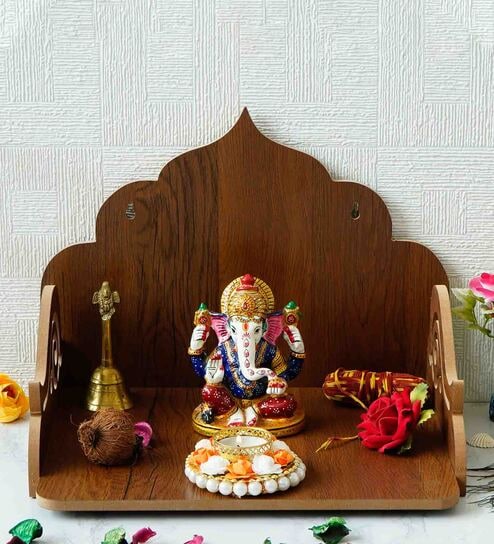 Brown Designer Laminated Wood Pooja Shelf By eCraftIndia