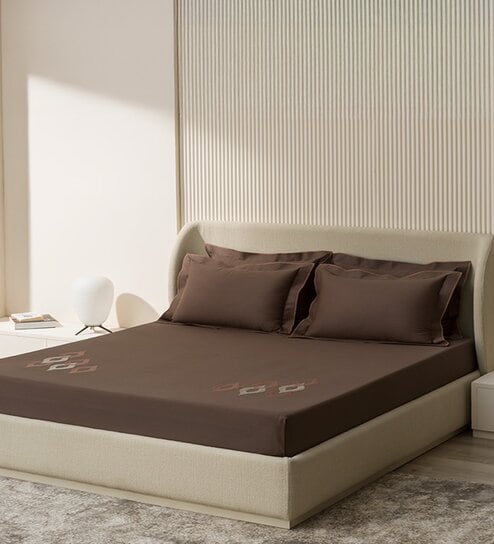Brown Embroidered 210 TC Cotton King Sized Bedsheet with 2 Pillow Covers
