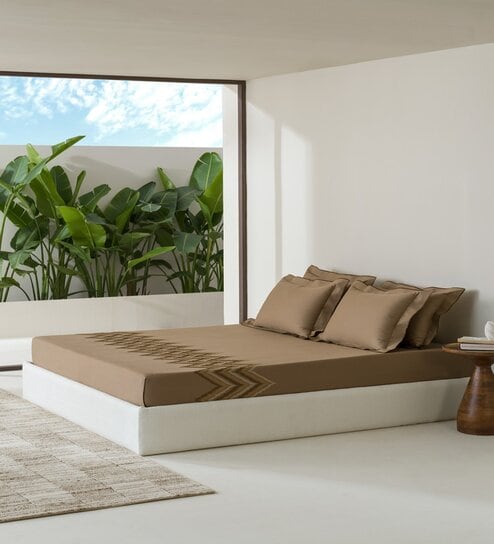 Brown Embroidered 210 TC Cotton King Sized Bedsheet with 2 Pillow Covers