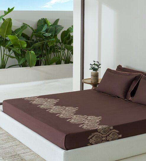 Brown Embroidered 210 TC Cotton King Sized Bedsheet with 2 Pillow Covers