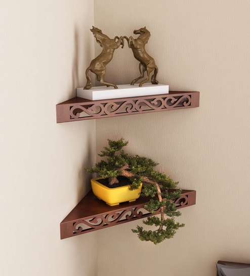 Engineered Wood Corner Wall Shelf Set of 2 In Brown By Home Sparkle