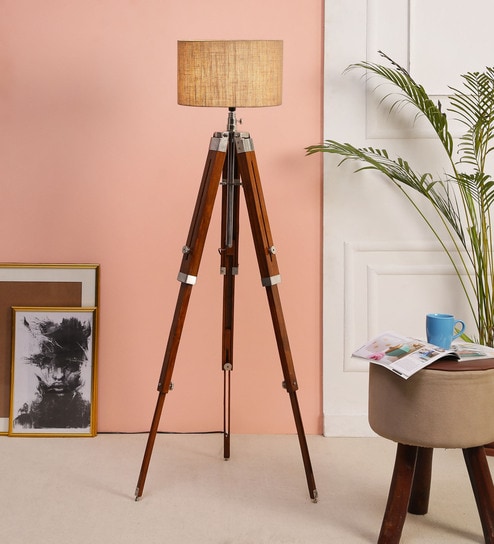 Brown Fabric Shade Tripod Floor Lamp with Brown Base by Beverly Studio