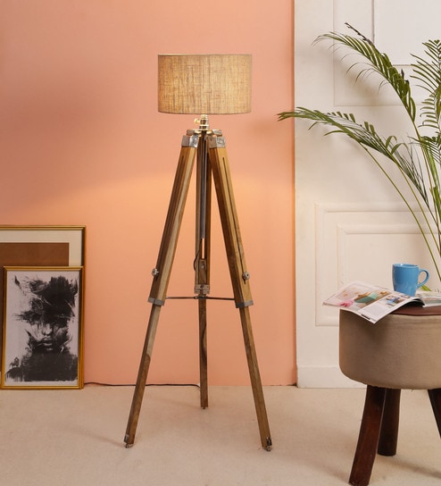 Colstrip Brown Fabric Shade Tripod Floor Lamp With Wood Base By Beverly Studio