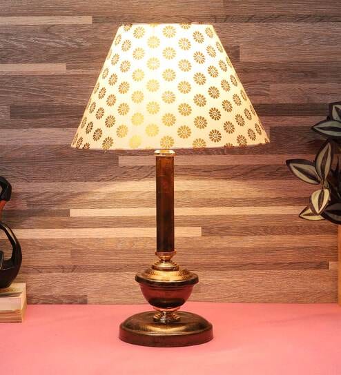 Brown Fabric Shade Table Lamp With Copper Base By Foziq
