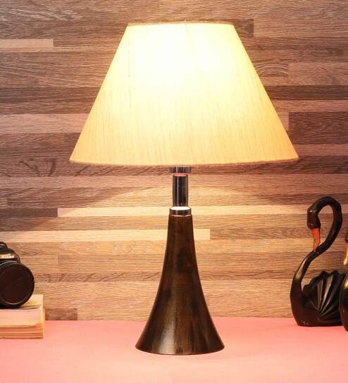 Brown Fabric Shade Table Lamp With Copper Base By Foziq