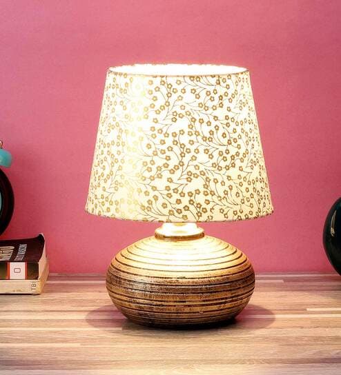 Brown Fabric Shade Table Lamp With Golden Base By Foziq