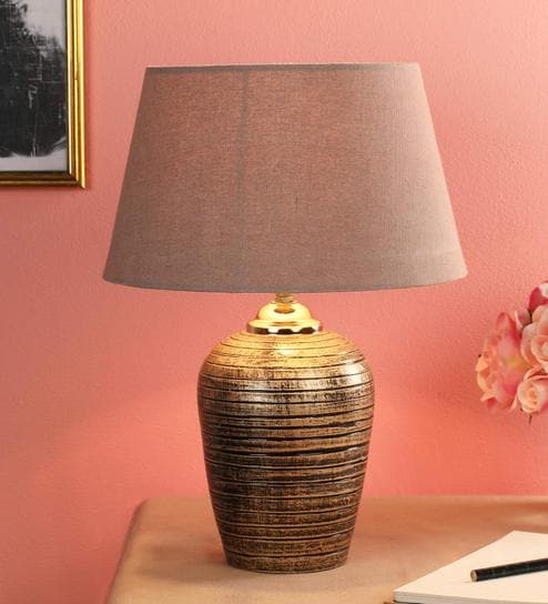 Avignon Brown Fabric Shade Night Lamp With Teracotta Base By Foziq
