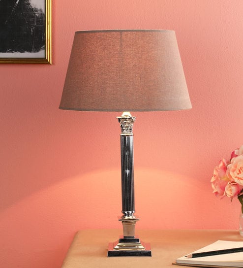 Brown Fabric Shade Table Lamp with Silver Base