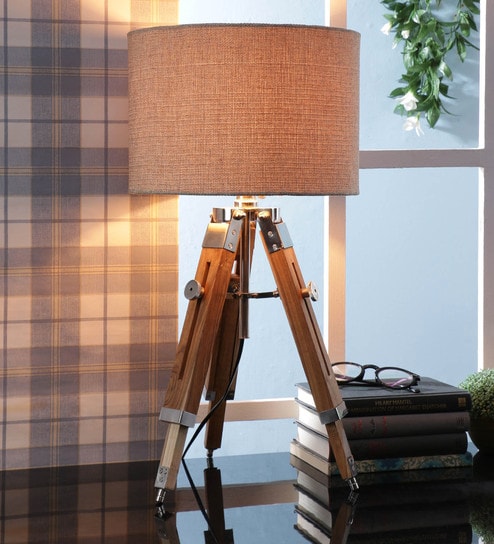 Brown Fabric Shade Tripod Table Lamp with Brown Base by Beverly Studio