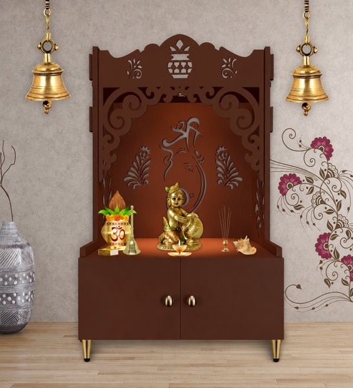 Brown Finish Beautiful Design of Shri Ganesh Floor Temple with Spacious Wooden Shelf & Inbuilt Focus Light