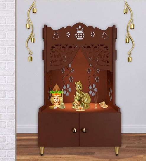 Brown Finish Beautiful Flower Design Pattern Floor Temple with Spacious Wooden Shelf & Inbuilt Focus Light