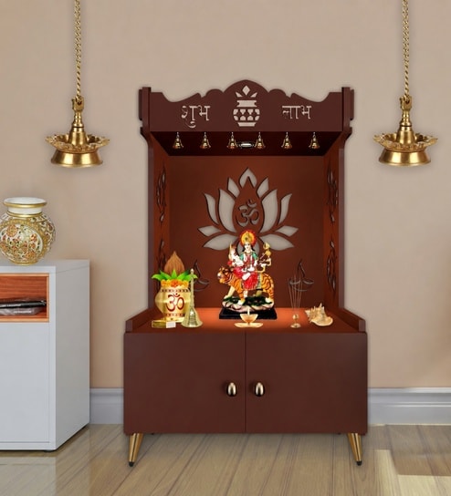 Brown Finish Beautiful Lotus Pattern Floor Temple with Spacious Wooden Shelf & Inbuilt Focus Light-