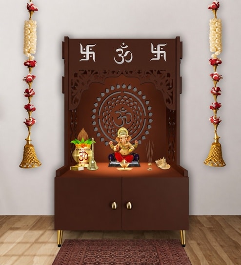 Brown Finish Designer Om Chakra Floor Temple with Spacious Wooden Shelf & Inbuilt Focus Light