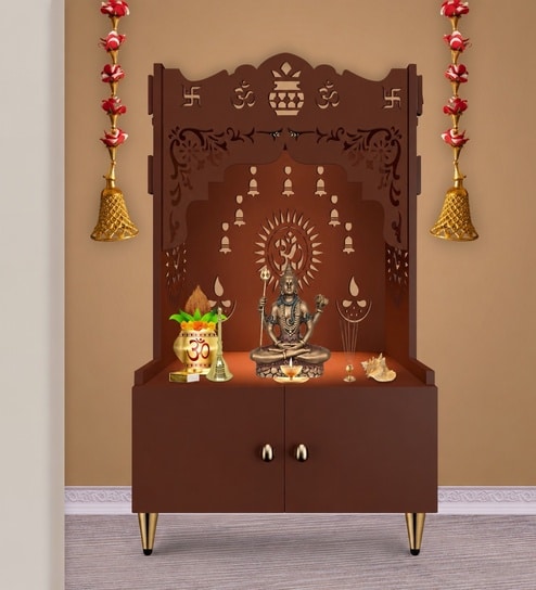 Brown Finish Holy Symbol Om Chakra Floor Temple with Spacious Wooden Shelf & Inbuilt Focus Light