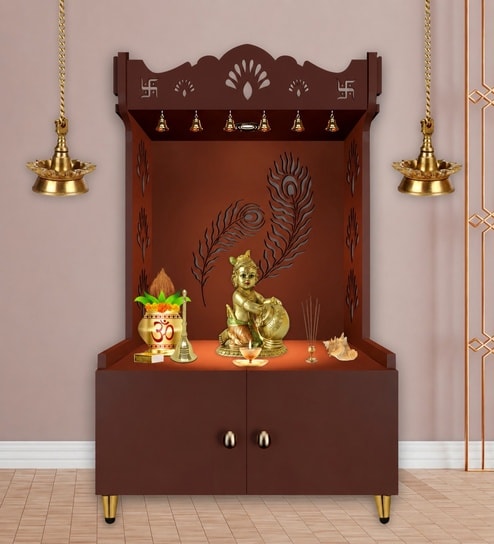 Brown Finish Premium Art of Mor Pankh Floor Temple with Spacious Wooden Shelf & Inbuilt Focus Light