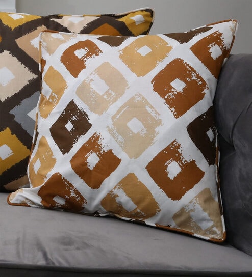 Brown Geometric 100% Cotton 16 x 16 Inches Cushion Cover
