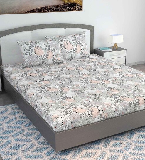 Brown Floral 144 TC Cotton King Size Bedsheet With 2 Pillow Covers